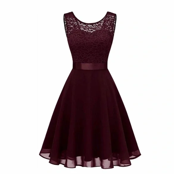 Dresses | Wine Red Lace Trim Swing Skater Party Dress | Poshmark